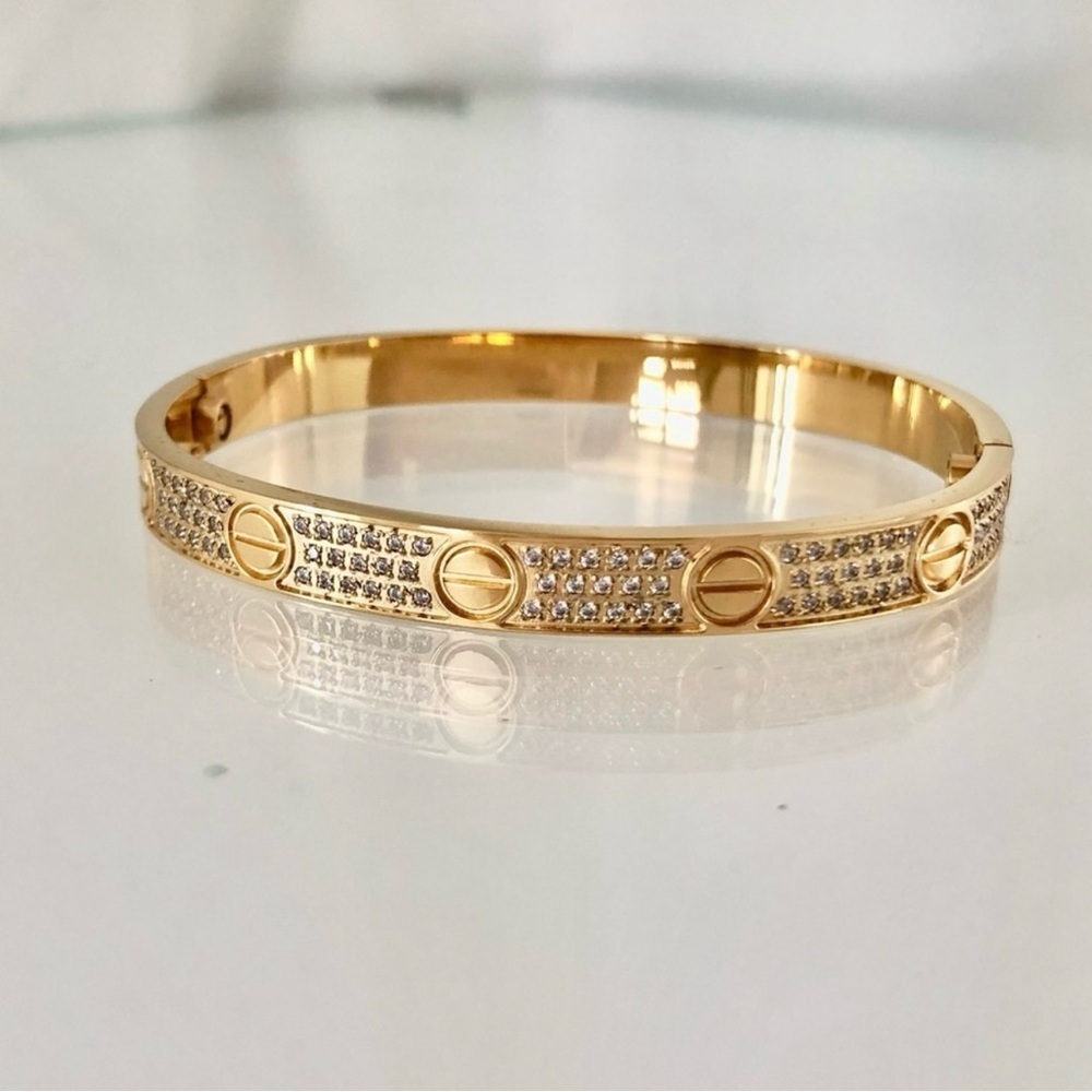 Gold Pave Diamond Screw Cuff Bangle Love Bracelet with Screwdriver - Picture 8 of 13